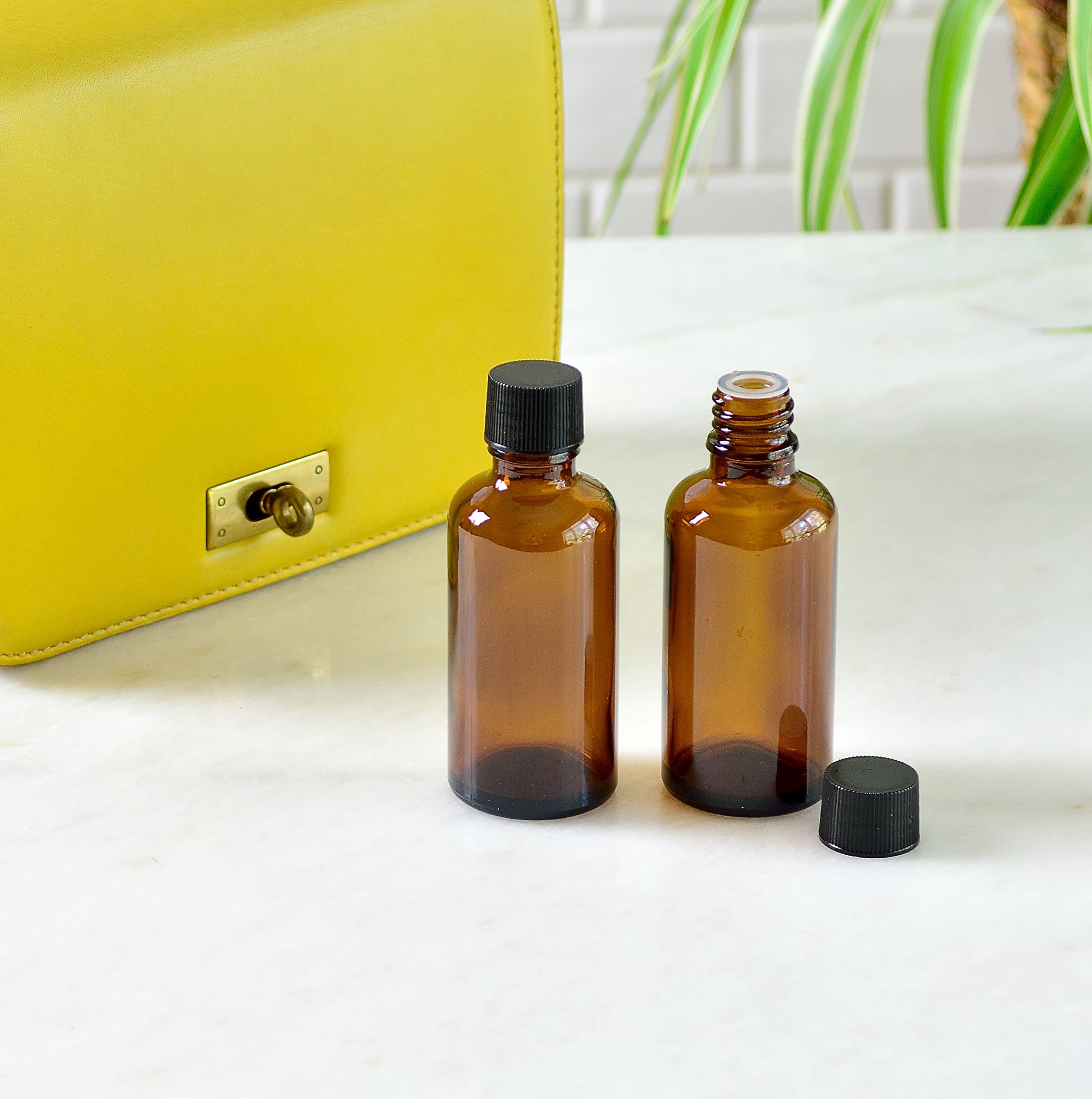 Youngever 16 Pack Amber Glass Bottles With Lids, Refillable Container For Essential Oils, Vanilla Extract And More (2 Ounce)